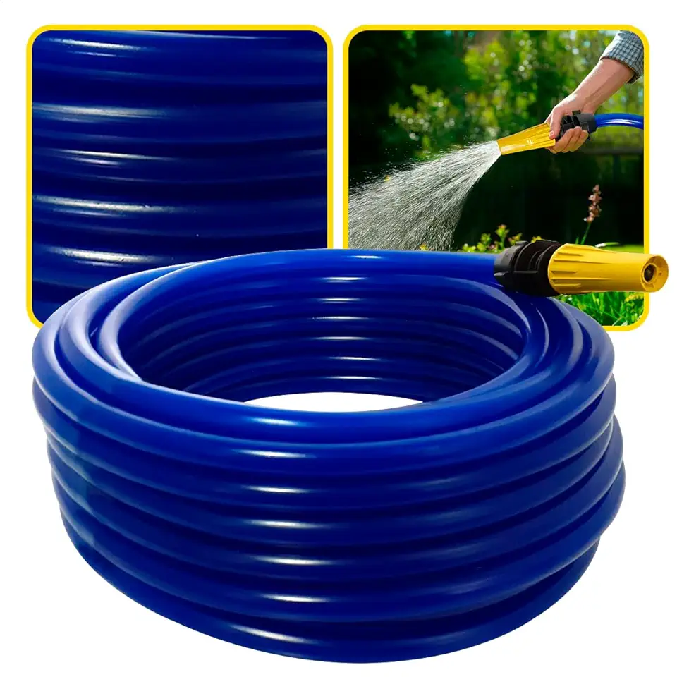 Mangueira de Jardim Antitorção com Parede Reforçada e Esguicho e União Adaptador de Torneiras Acoplados (Mangueira Azul, 15 metros)