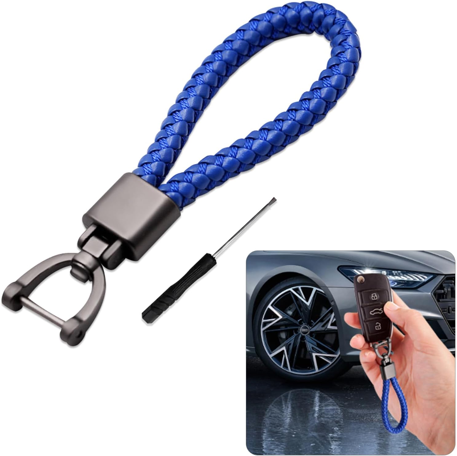 Genuine Leather Car Keychain, Universal Key Fob Holder with 360 Degree Rotatable D-ring and Screwdriver, Car Accessories for Men Women (Blue)