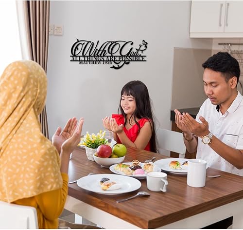 Miniatura 2 de Creoate Decoración de pared de arte de metal, con texto en inglés "With God All Things Are Possible", escritura religiosa, esculturas de pared de