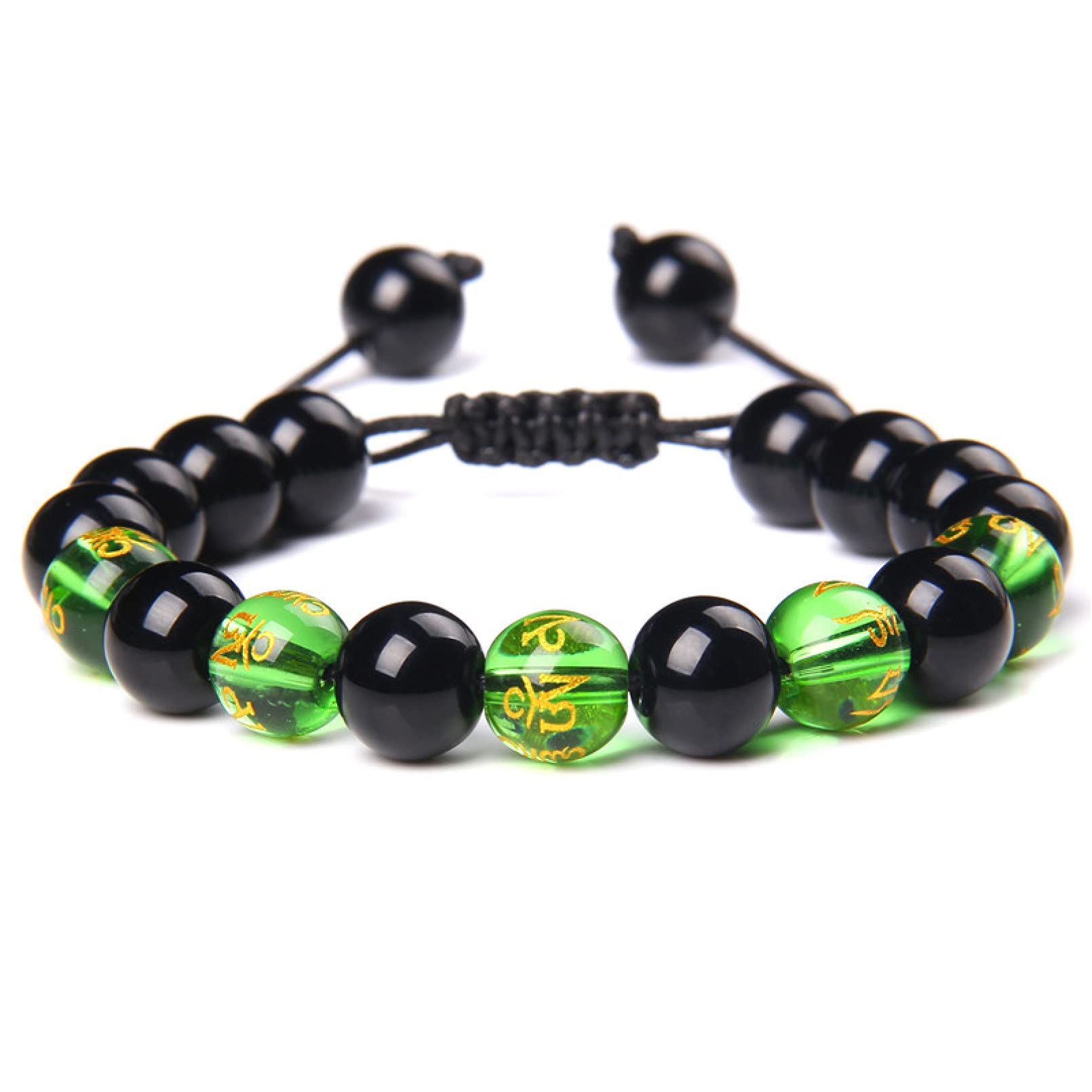 10 mm Six Words Gold Motto Beads Bracelets Men Black Onyx Agat Bangle