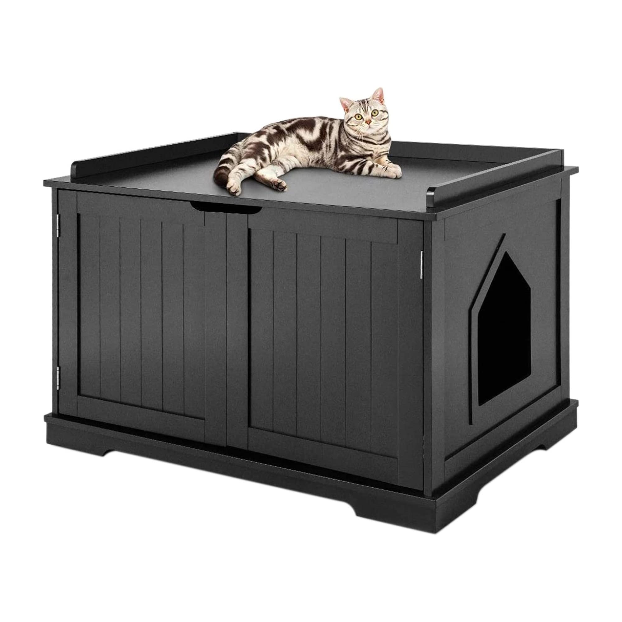 MaxxPet Cama Gato - Casa De Madera para Gatos - Casa Gatos Exterior e Interior - Banco De Gatos - Cama para Gatos - Gabinete para Gatos para Baño para Gatos - 75x53x52 cm - Negro