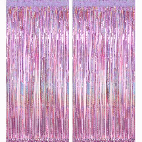 Lericttor 2Pcs 3.3ft x 8.2ft Foil Curtain Decoration Pink Glitter Metallic Tinsel Foil Fringe Curtains Backdrop Streamers for Unicorn Mermaid Wedding Engagement Birthday Party Decorations