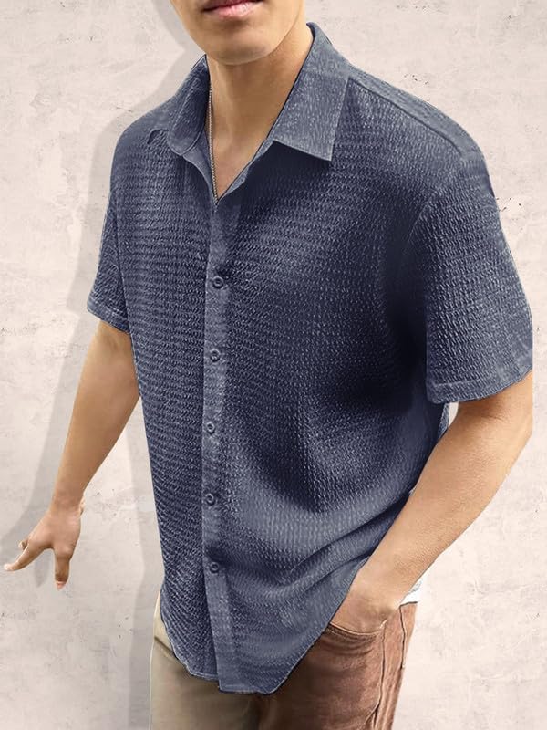 Image of Pinkmint Popcorn Shirt for Men Soild Slim Fit Sleeve Spread Collar Trendy Men Shirt Summer Wear Goa Wear Olive