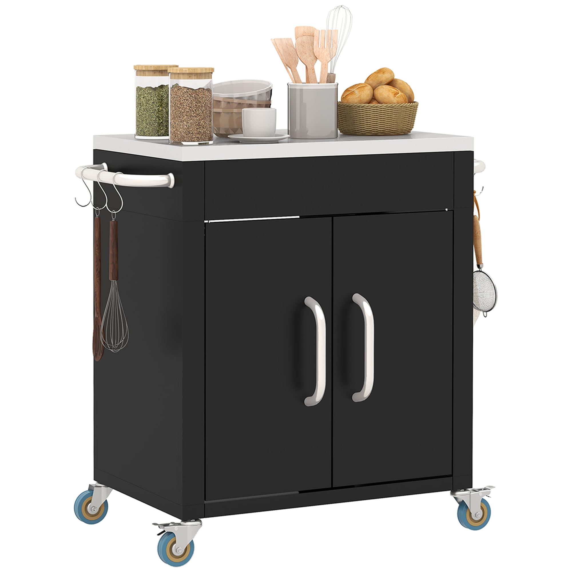 HOMCOM Carrello Barbecue con Piano in Acciaio Inox Tavolo da Cucina da Esterno con Ruote, Maniglia, 6 Ganci, Armadietto Contenitore 86x50x86.5 cm Nero