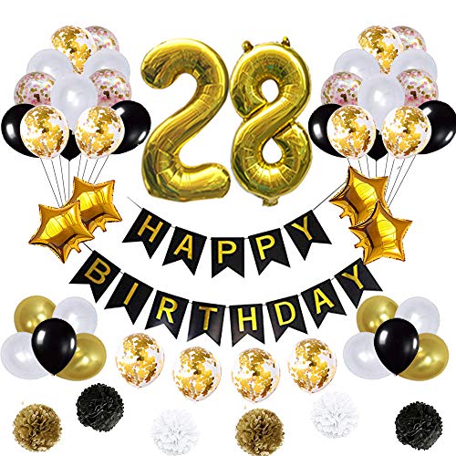 yujiaonly 28th Birthday Decorations Ballons, Happy Birthday Banner/pom pom Flowers/Gold Mylar Balloons/Latex Balloons/Number 28 Foil Ballons Gold
