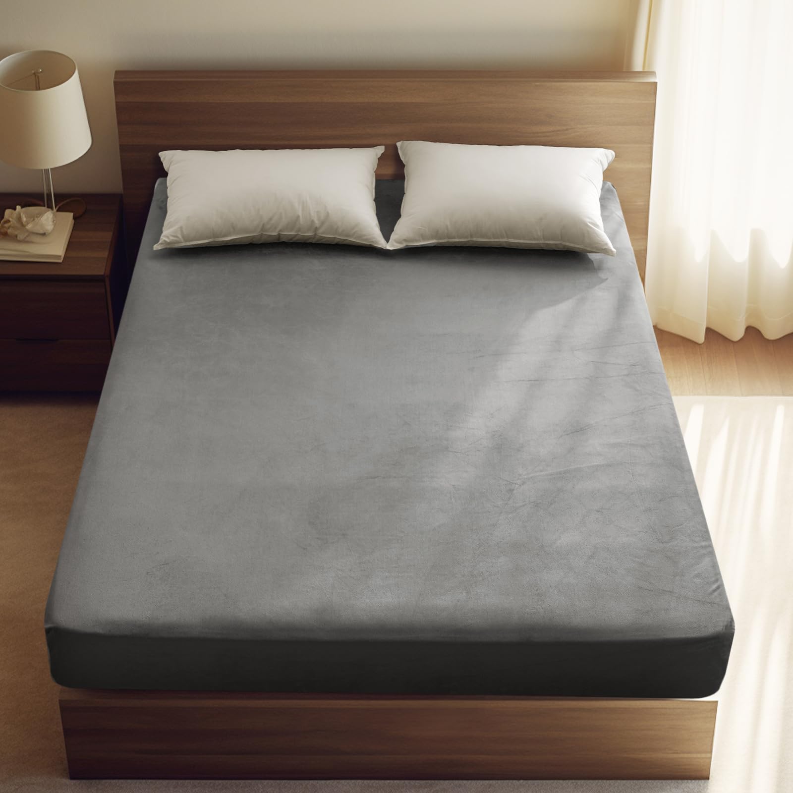 phf ultra soft velvet fitted sheet king size, 16" deep pocket with wider stronger elastic band, easy fit easy care, 1 pack cozy comfy flannel bottom sheet for all seasons, no pillowcases, smoke grey