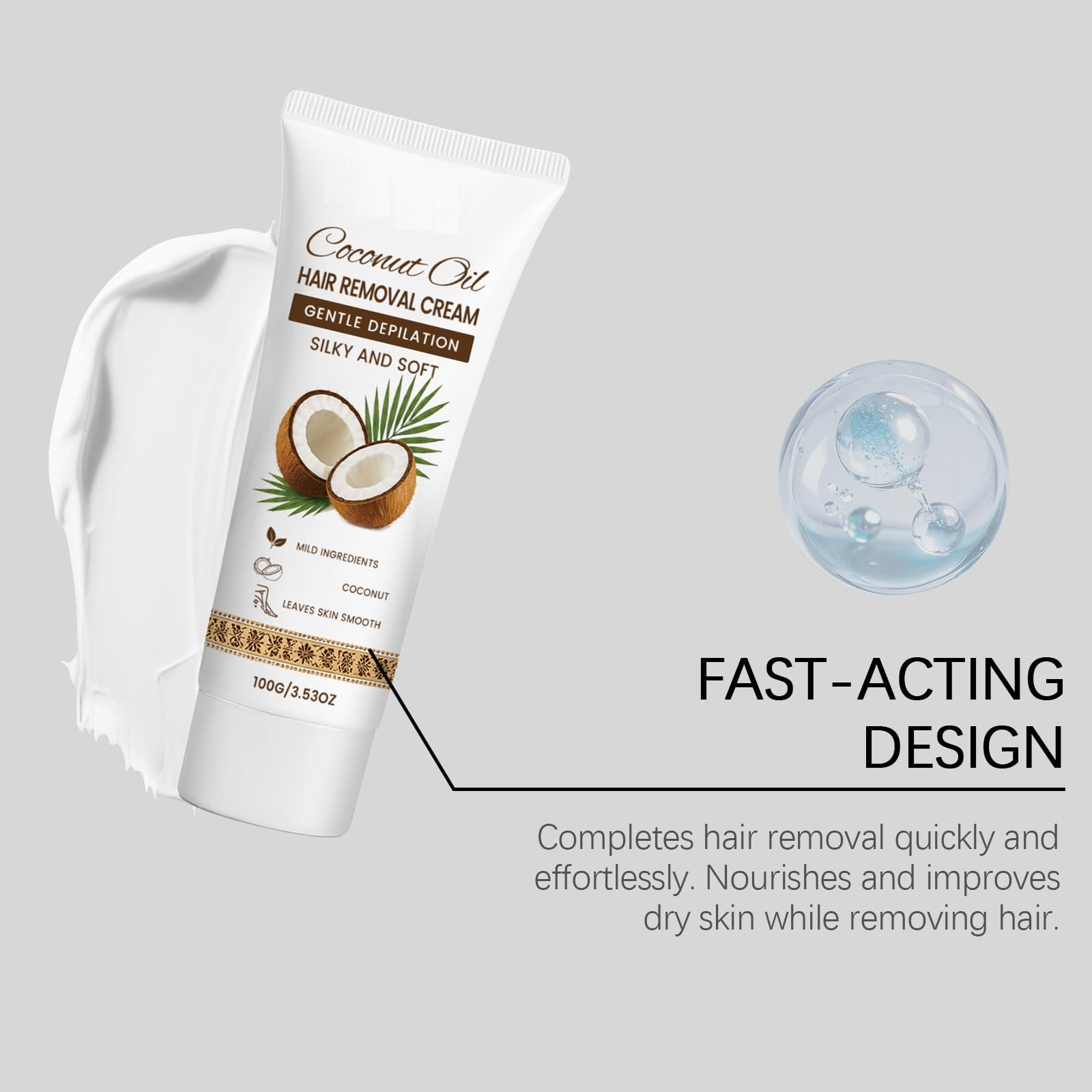 Crema depilatoria con olio di cocco, crema depilatoria per pelli sensibili, ad azione rapida per gambe, braccia e ascelle, 100 g (5 pezzi)