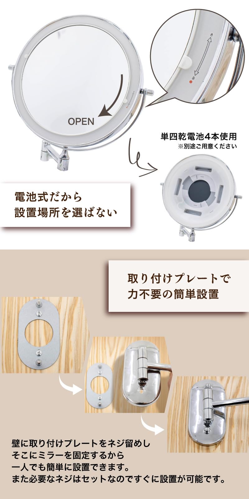 【匿名配送　送料込】〜9/8限定値下げ　クリーム　アーチ型鏡　姫系 Amazon.co.jp: FUNKS アームミラー ライト付き LED led 360度