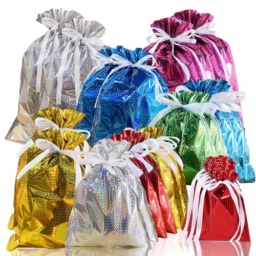 25 Pack Solid Color Foil Gift Bag Multipack Drawstring Gift Bags 6 Color Shimmer Wrapping Bags Jumbo Xmas Bag Reusable Large Christmas Foil BagsGift Wrapping Bagfor Presents Birthday Wedding Party