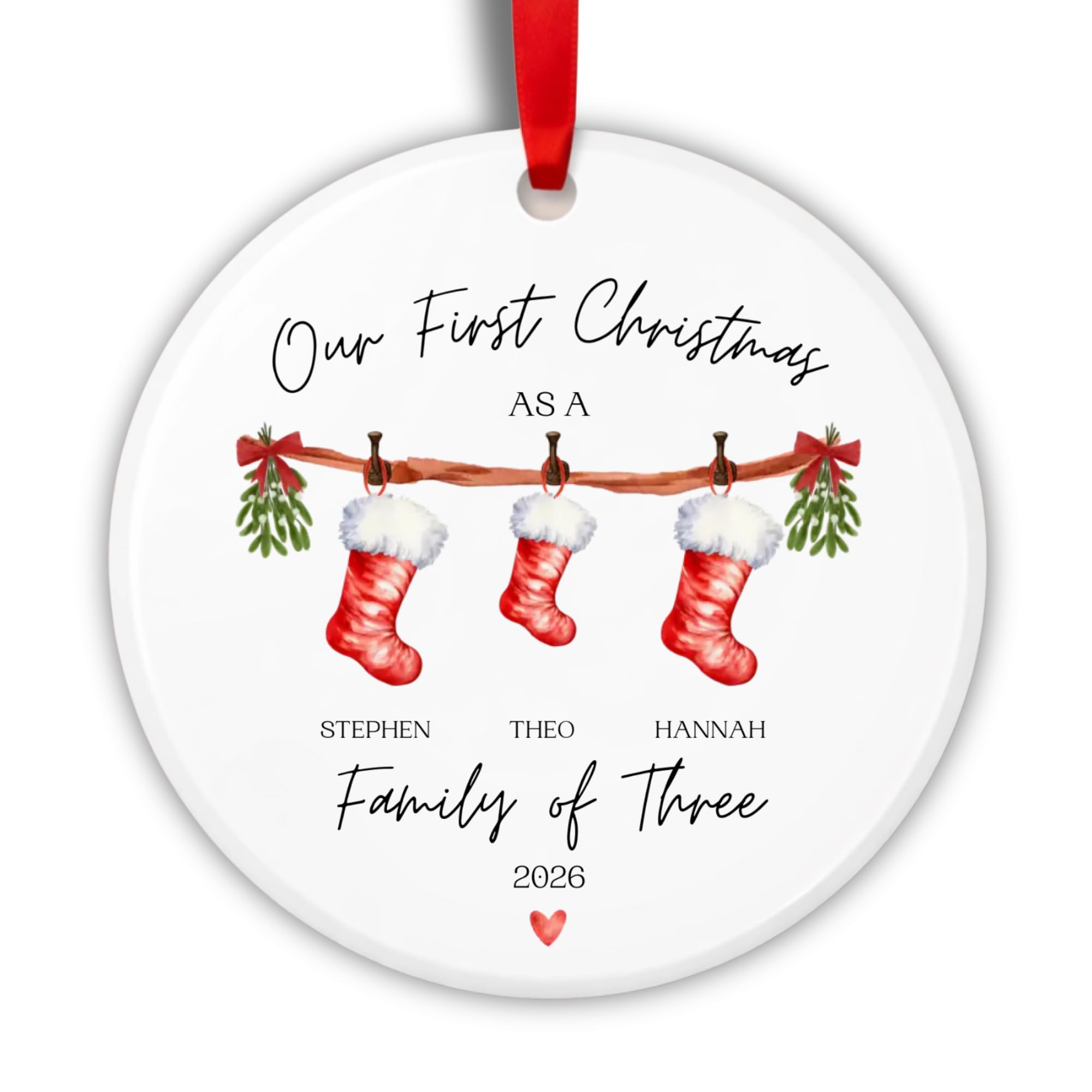 Personalised First Christmas as a Family of Three Bauble, Custom Family Christmas Ornament with Names and Year, New Baby Christmas Tree Decoration (3 Stockings)