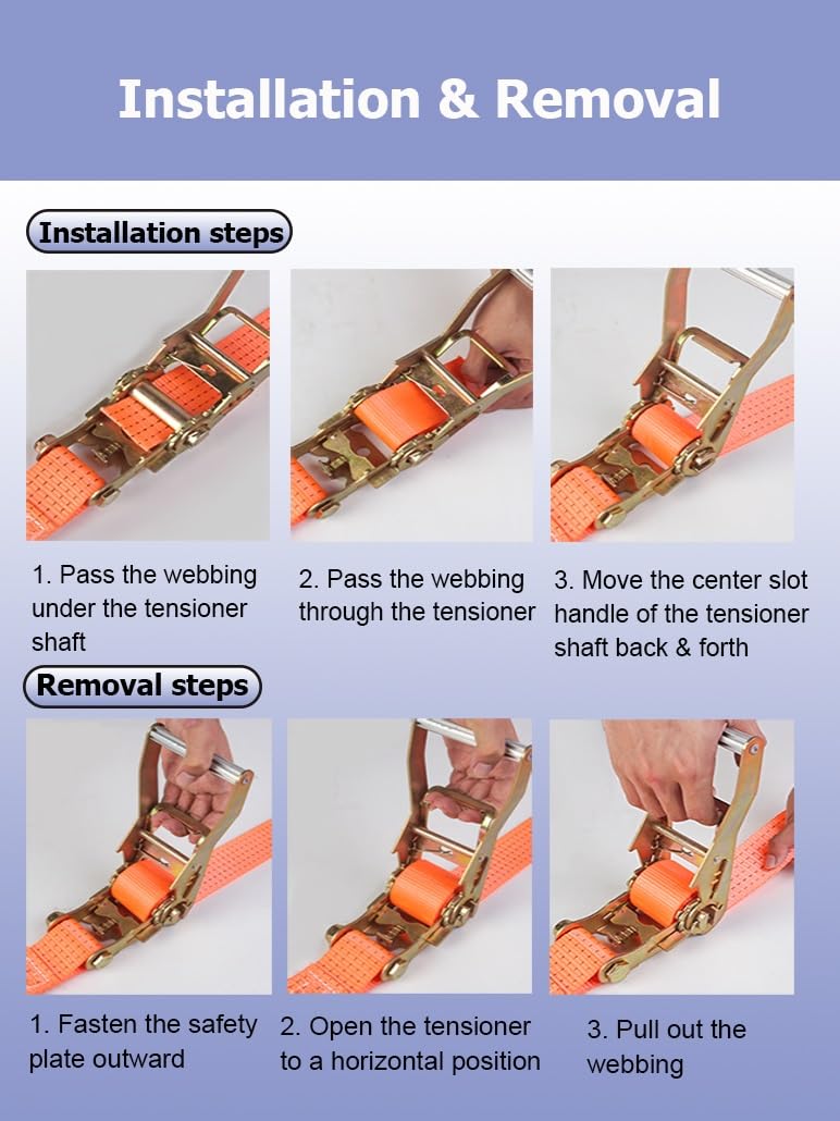 Paquete de 4 Correas de Amarre con trinquete de 6,6 a 72,2 pies, 13228 Libras, Gancho en J, Correas de Amarre con trinquete for Camiones de Carga, Kayaks y Motocicletas(W 5cm/2in,5.0m/16.4Ft)
