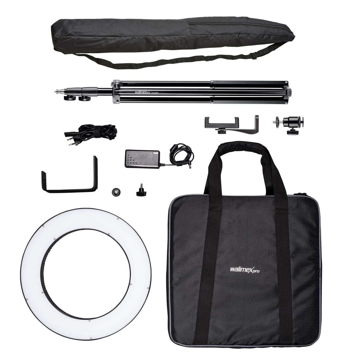 Walimex pro LED Ringleuchte 380 Bi-Color 23 W Set inkl. Stativ, leistungsstarkes Ringlicht mit schaltbaren Sektoren, Leuchtring dimmbar, Videoleuchte mit Zubehör