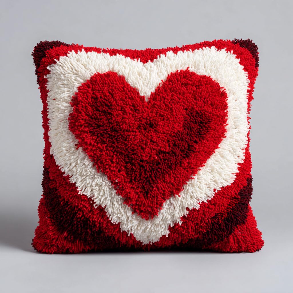 Henypt DIY Latch Hook Kits Cushions Pillow, Red Heart Shape Pillow Case Embroidery Carpet Set Needlework Crocheting Cushion Embroidery Set 43x43cm
