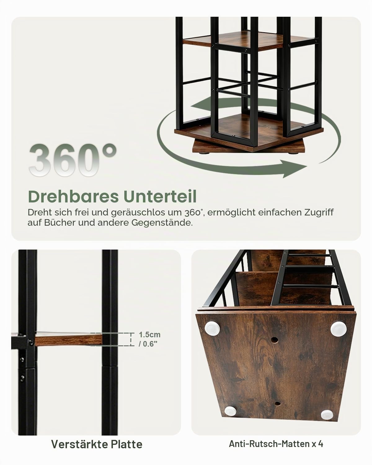 Drehbares Bücherregal 360 Grad, Drehregal Standregal mit 4 Ebenen, Rotating Bookshelf Platzsparend, Bodenstehendes Bücherschrank Holz, Drehregal Bücher für Wohnzimmer, Schlafzimmer, Büro (Schwarz)