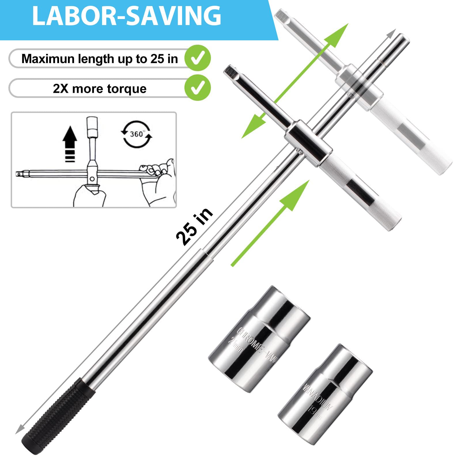23" Universal Extended Lug Wrench, 4 Way Tire Iron Nut Wrench Set - View #5
