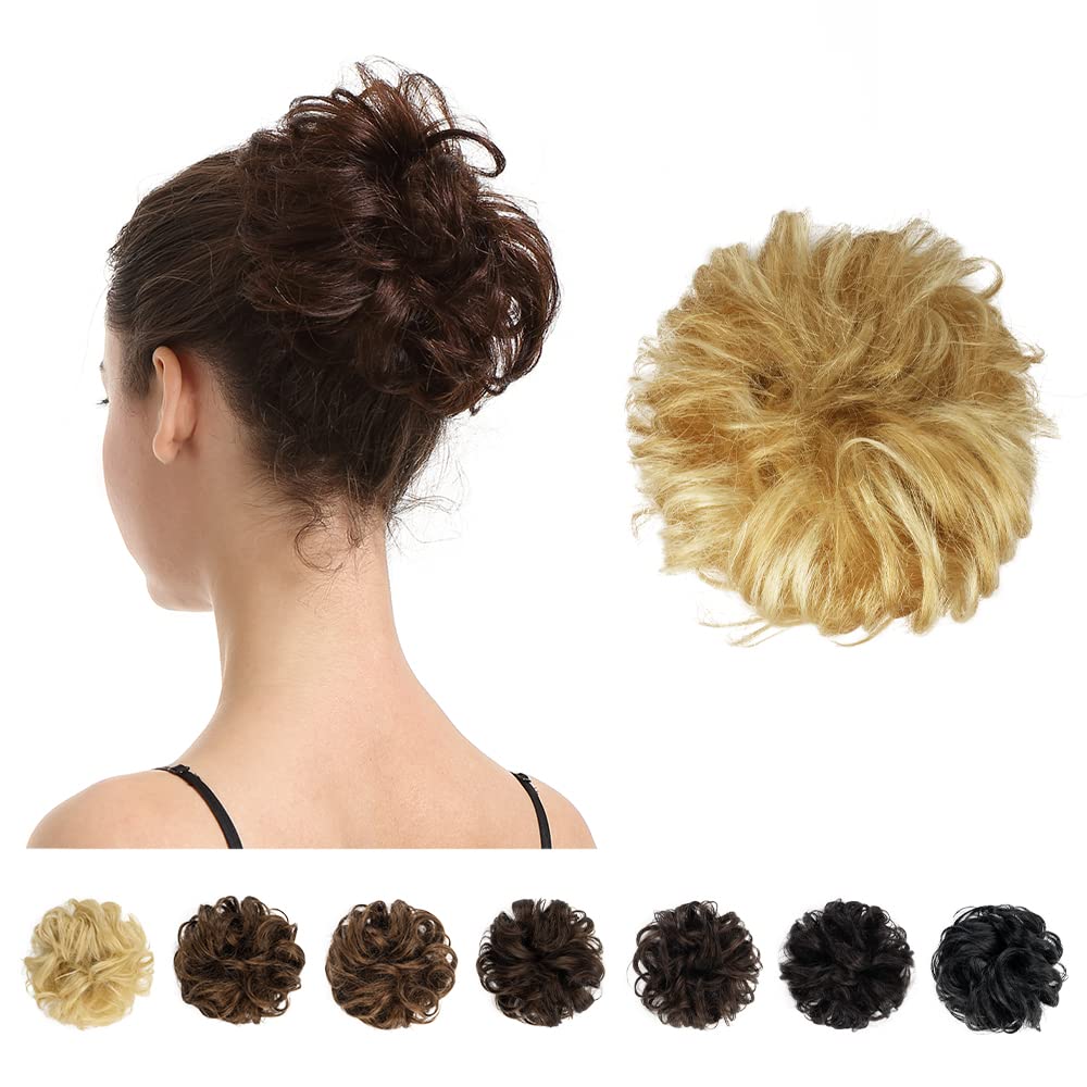100% Human Hair Scrunchies, BARSDAR Curly Messy Bun Hairpiece Extensions Wedding Hair Pieces for Women Kids Messy Bun Real Hair Updo Donut Chignons 27/613# Caramel Blonde & Bleach Blonde