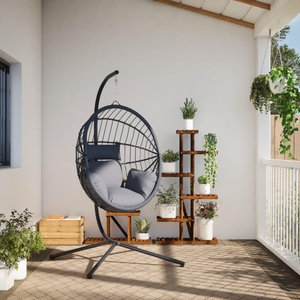 Fauteuil suspendu en rotin gris design œuf avec support