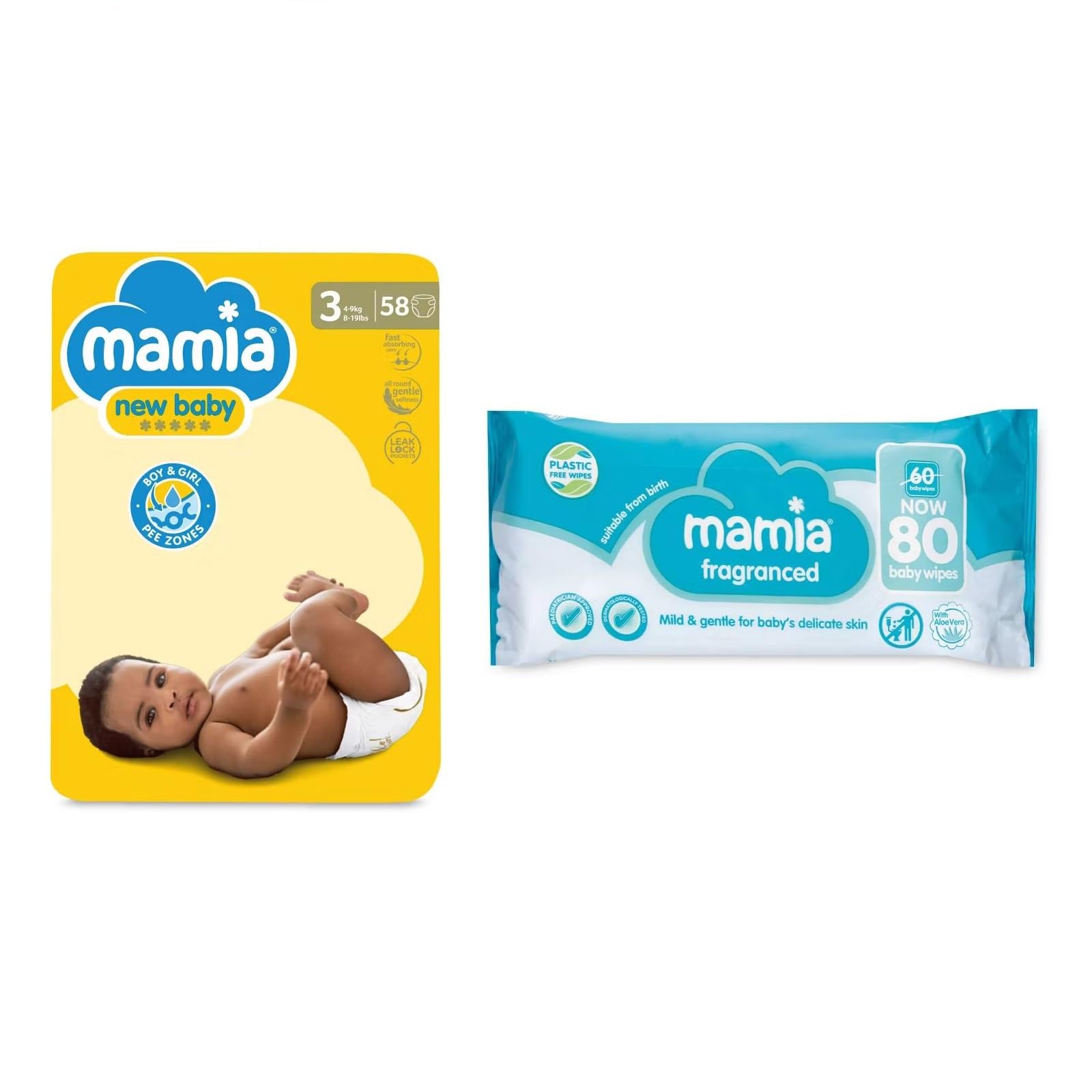 Mamia Size 3 Newborn Nappies (58 Pack) + Mamia Fragranced Baby Wipes (80 Pack) | Gentle DryFast Protection & Refreshing Cleansing Bundle