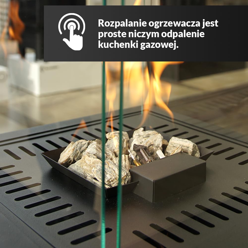 KRATKI tarasowy ogrzewacz gazowy Patio Light czarny 8,2 kW - Propan G31/37mbar - wydajny ogrzewacz zewnętrzny - łatwe sterowanie - kominek ogrodowy - zestaw z wężem i reduktorem