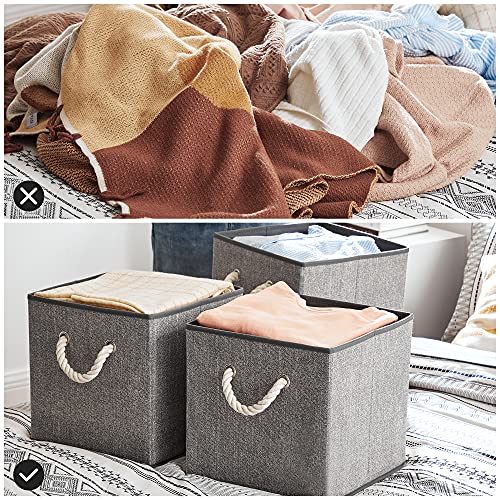 SONGMICS RFB016G01 materiałowe pudełka do przechowywania bez pokrywki, zestaw 3 sztuk, z uchwytami, 30 x 30 x 30 cm, imitacja lnu, szare