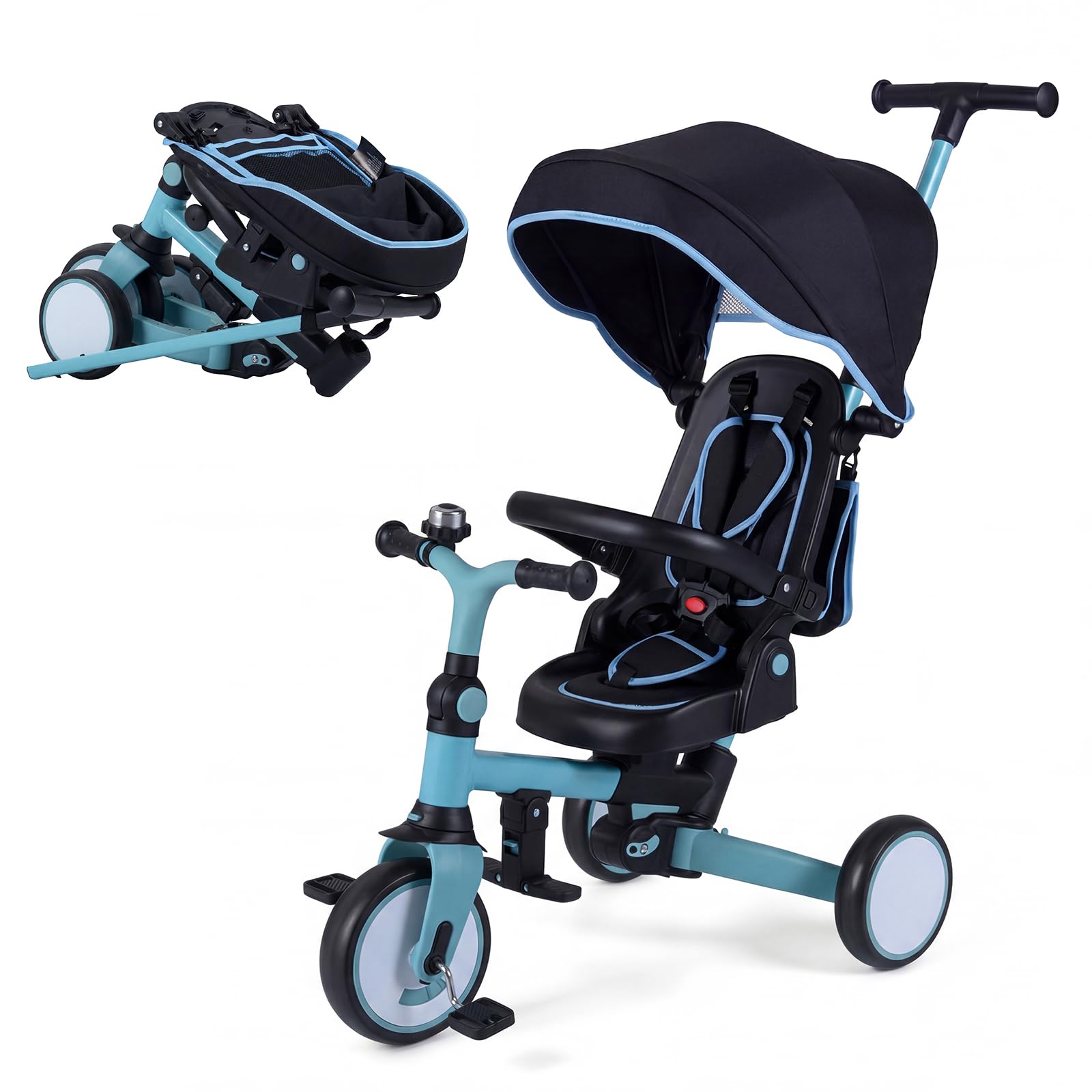 BABY JOY Kids Tricycle, 8-in-1 Folding Toddler Trike for 1-6 Years (Blue) | Pushing Toddler Bike w/ Parent Handle, Removable & Adjustable Canopy, 5-Point Safety Harness, Rotatable Seat & Storage Pocket