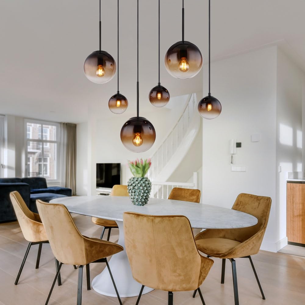 Pendelleuchte Esszimmerlampe Hängeleuchte Deckenlampe Wohnzimmerleuchte, Metall Glas amber rauchfarben schwarz, 3x E27 3x G9, 6 Flammig, H 117 cm