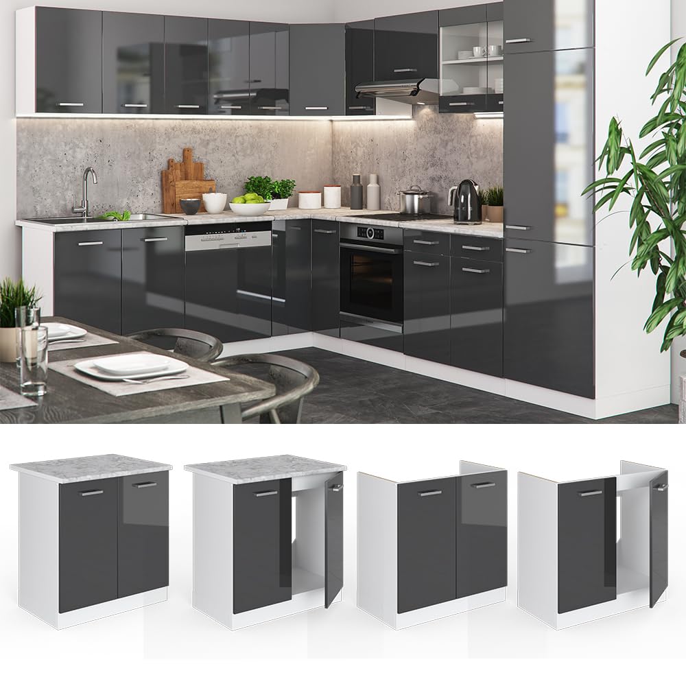 Vicco Armario bajo para Fregadero R-Line, Antracita Alto Brillo, 80 cm sin encimera, para combinación Libre Dentro de Sistemas de Cocina modulares