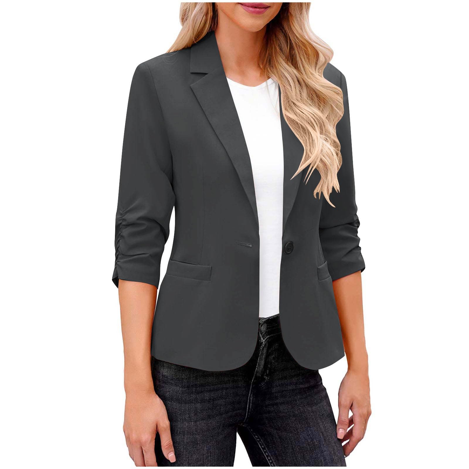HGps8w 3 4 Sleeve Blazers for Women Dressy Open Front Suit Jackets Classic Solid One Button Casual Work