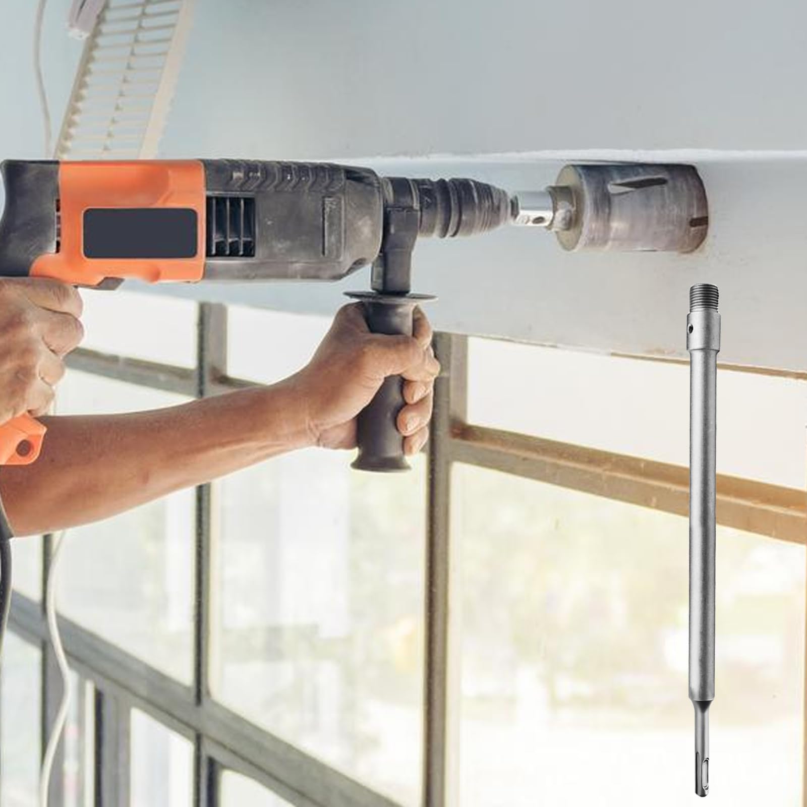 SDS PLUS przedłużacz trzpienia do koron, 410 mm SDS Plus przedłużacz do wierteł rdzeniowych, drążek przedłużający do wiertła z gwintem M22 x 2,0 mm, wiertło centrujące i śruba mocująca