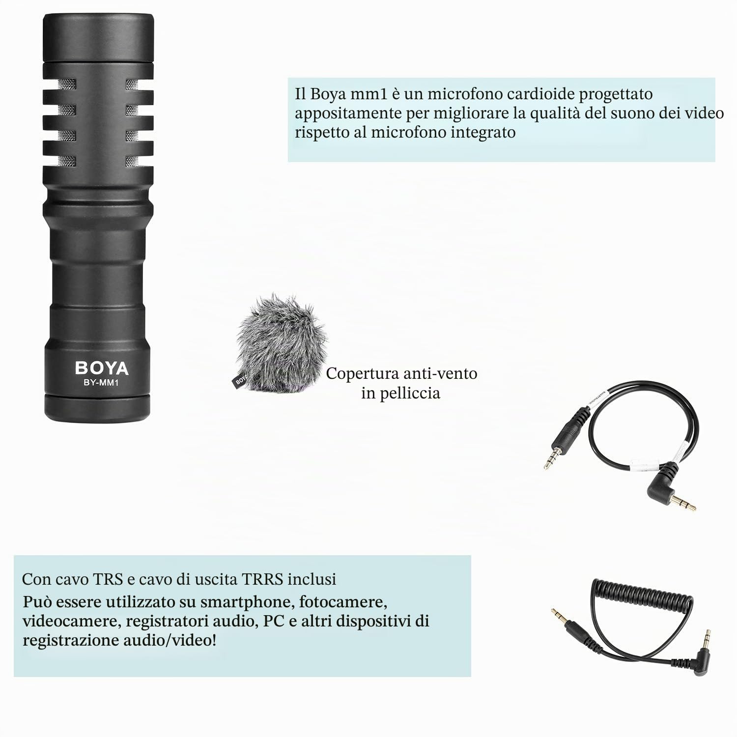 BOYA BY-MM1 Microfono per Videocamera Cardioide,Microfono per iPhone smartphone Universale con Ammortizzatore per DSLR, Videocamera, iPhone, Smartphone Android, Mac, Tablet