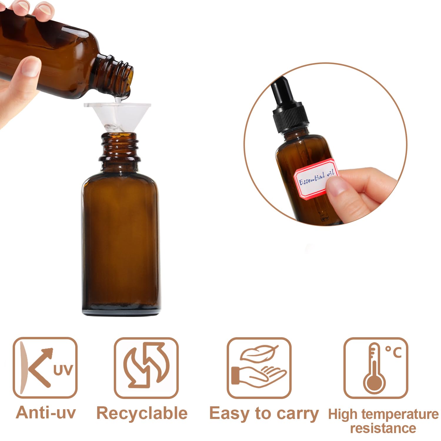 Lot de 30 flacons compte-gouttes en verre ambré de 15 ml pour huiles essentielles, parfums, liquides, laboratoires de chimie