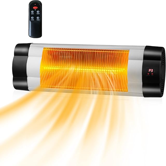 GiantexUK Wall-Mounted Patio Infrared Heater, 3 Modes Electric Warmer with LED Display, Remote Control and 24-Hour Timer, Adjustable Angle Heater for Room and Backyard (61 x 9 x 19cm)