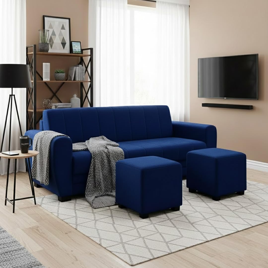 Arora 3 Seater Modular L Shape Sofa Set with 2 Ottoman | Soft Velvet Upholstery, Sturdy Wooden Frame | Stylish Sofa for Living Room, Hall & Office Spaces (Dark Blue)