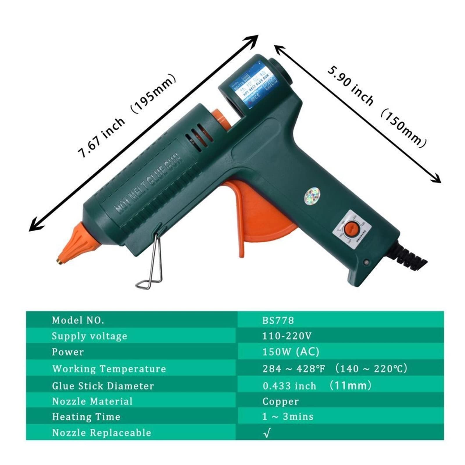 Pistola Silicona Eficiente Pistola de pegamento de fusión en caliente de 150 W, boquilla de cobre, temperatura ajustable, herramienta de reparación de proceso, función de ajuste automático de voltaje