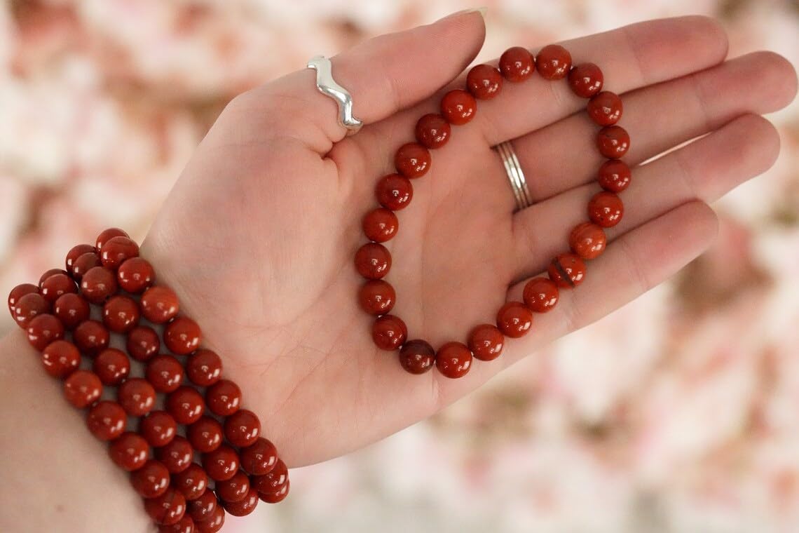 Braccialetto in diaspro rosso fatto a mano con pietre semipreziose naturali da 10 mm, perline rotonde lisce ed elastiche, braccialetto bohémien, braccialetto per meditazione spirituale, regolabile,