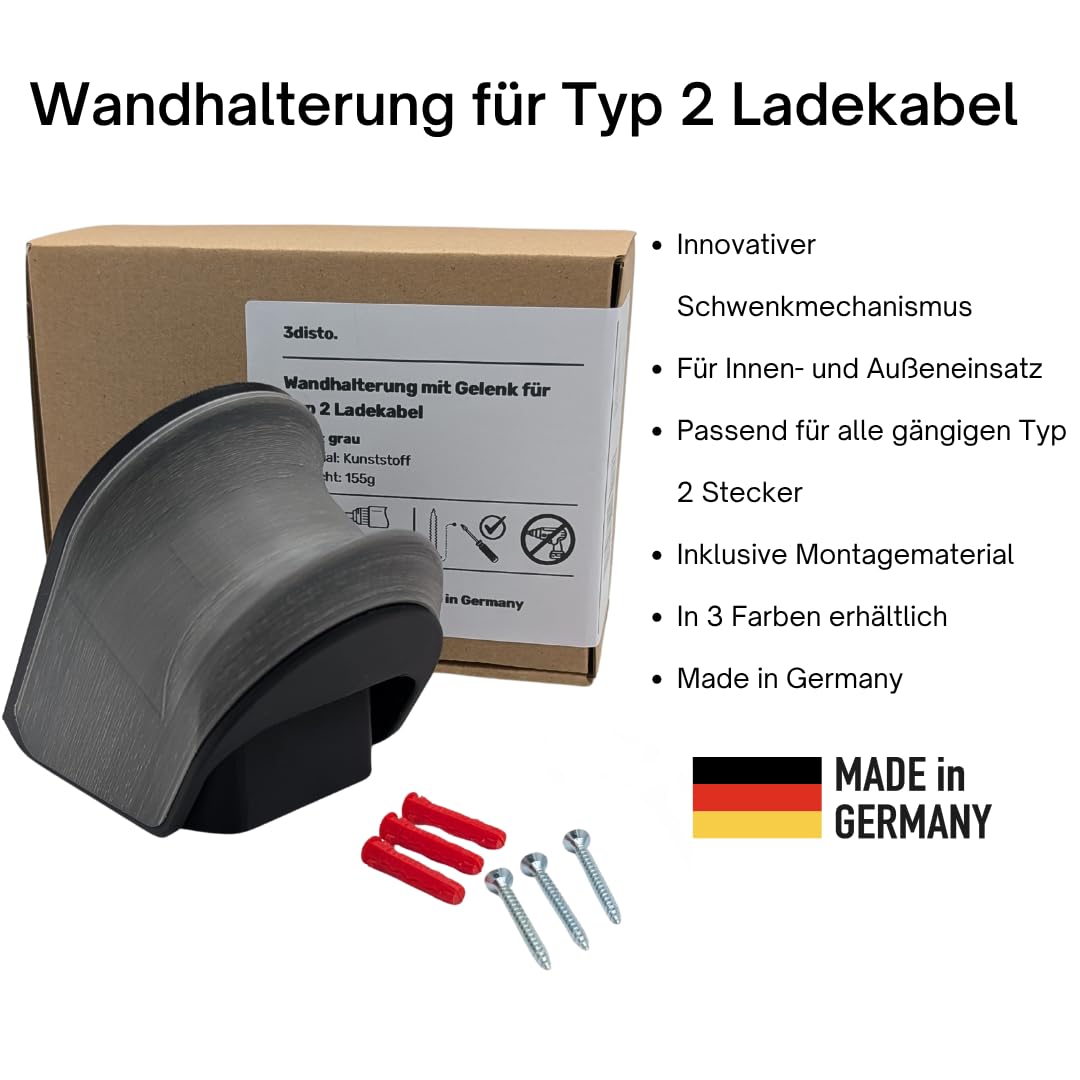 Wandhalterung für Typ 2 Stecker und Ladekabel mit Schwenkmechanismus (Kabelbinder oder Schrauben) | Made in Germany | passend für alle Typ 2 Stecker | in 3 Farben (weiß mit Schrauben/Dübel)