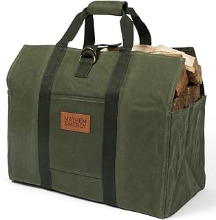 Firewood Carrier - Premium Waxed Canvas Tote Bag - Firewood Tote - Hunter Green Wood Carrier for Firewood Holder W/Velcro Handle & Pocket - Firewood Bag Carrier For All Weather Camping Tote & More