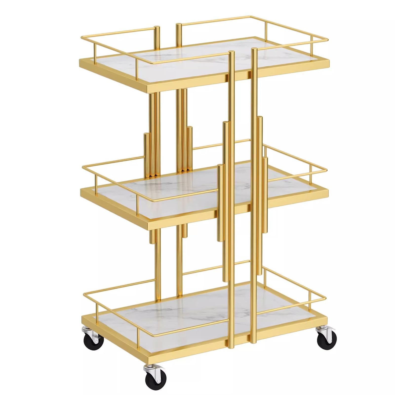 Carrello portaoggetti a 3 livelli, grande capacità, con robusto telaio in metallo, facile mobilità, con ruote, elegante finitura dorata, per l'organizzazione domestica e l'ufficio
