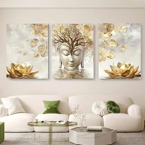 JIANGSHANDAIYOUCAIREN 3pcs Modern Gold Buddha Lotus Flower Canvas Prints Wall Art Picture for Living Room Decor No Frame-50x70cmX3