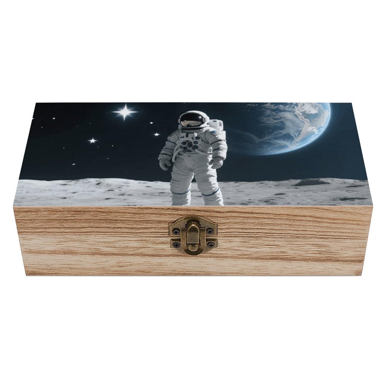 FodPand Decorative Keepsake Box Wooden Storage Boxes with Hinged Lid Handmade Astronaut on Moon Wood Organizer Memory Treasure Box for Jewelry Craft Card Photo Storage Wedding Bridal Shower Gifts