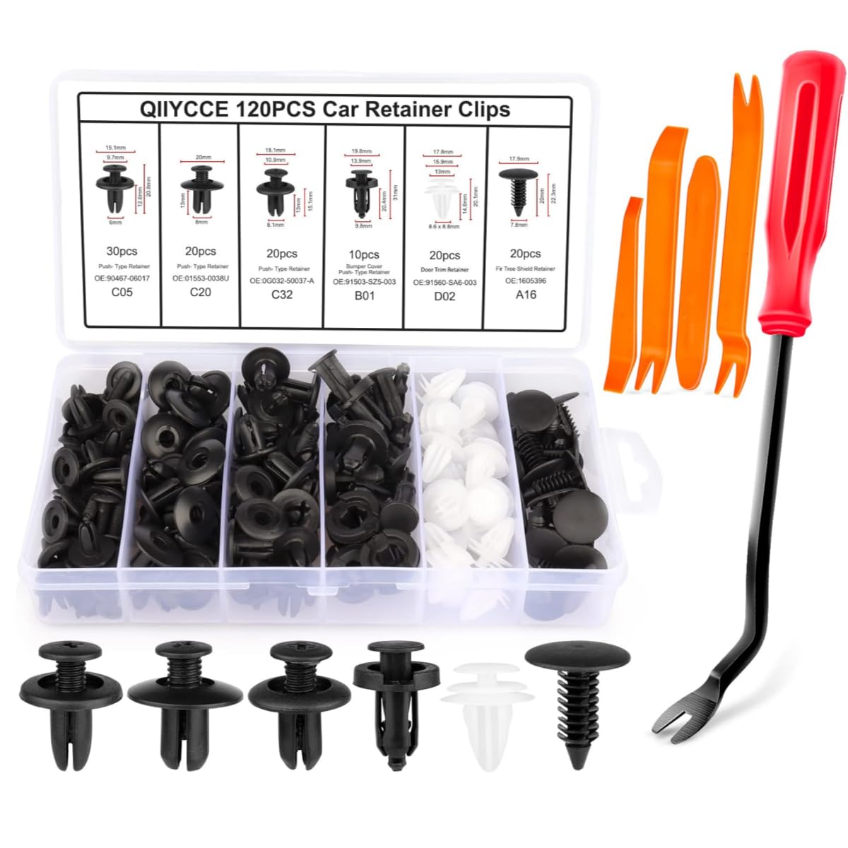 120 PCS Car Clips & Plastic Rivets,of 6 Most Popular Sizes and 5 Fastener Removers,Fits Bumpers,Fenders & Most Car Models,Ideal for Body Fixing & Replacement
