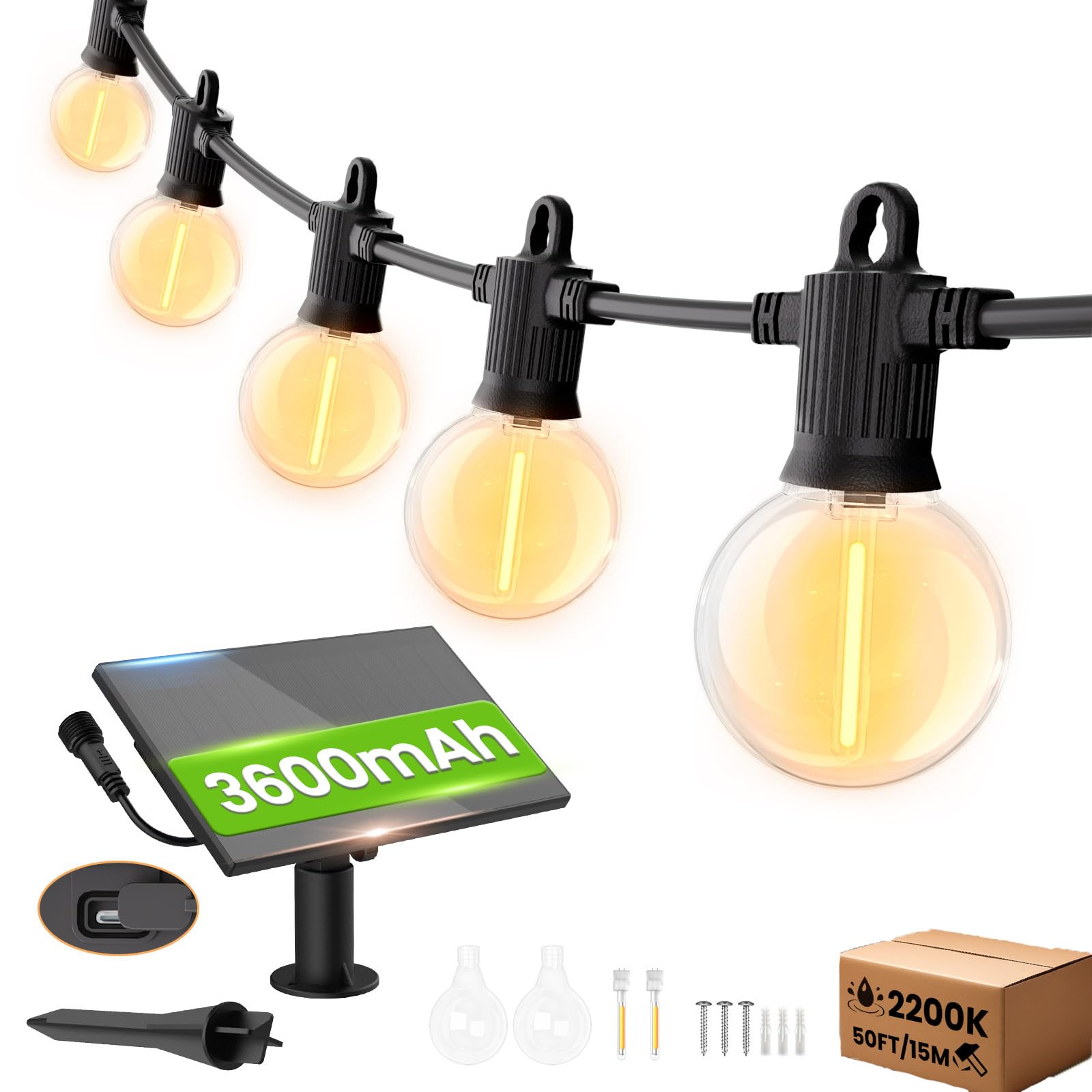 ZOTOYI 15M Guirlande Solaire Extérieur Guirlande Lumineuse Extérieure Solaire IP65 avec 20+2 Ampoule en Plastique LED, Guirlande Guinguette Solaire 4 Modes pour Jardin Fête Patio Partie Festival 2200K
