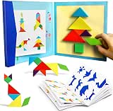 BEESTECH Wooden Tangram Puzzle Book, Travel Games for Kids in