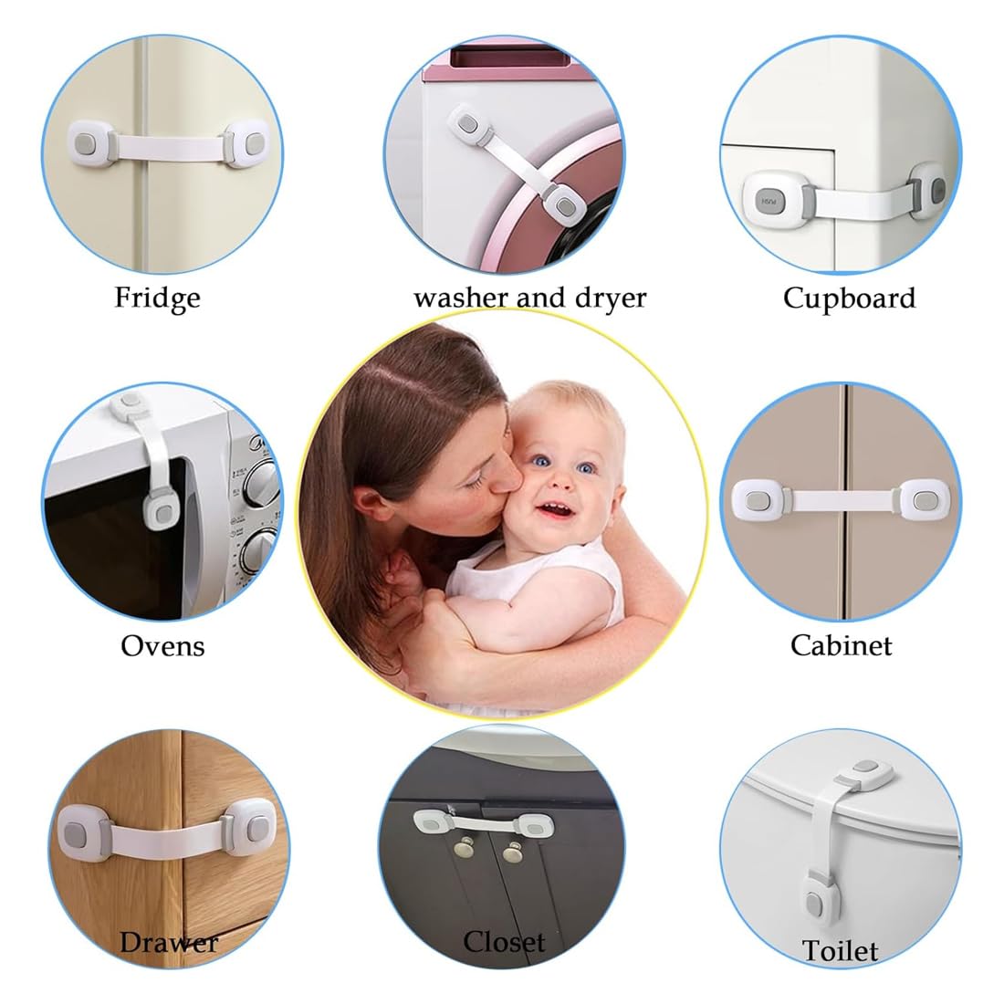 Bloque Porte Bébé Lot de 10, Sécurité Placard Enfant Adhésif Fort, Protection Bebe pour Armoires Tiroirs sans Perçage (Gris et Vert)