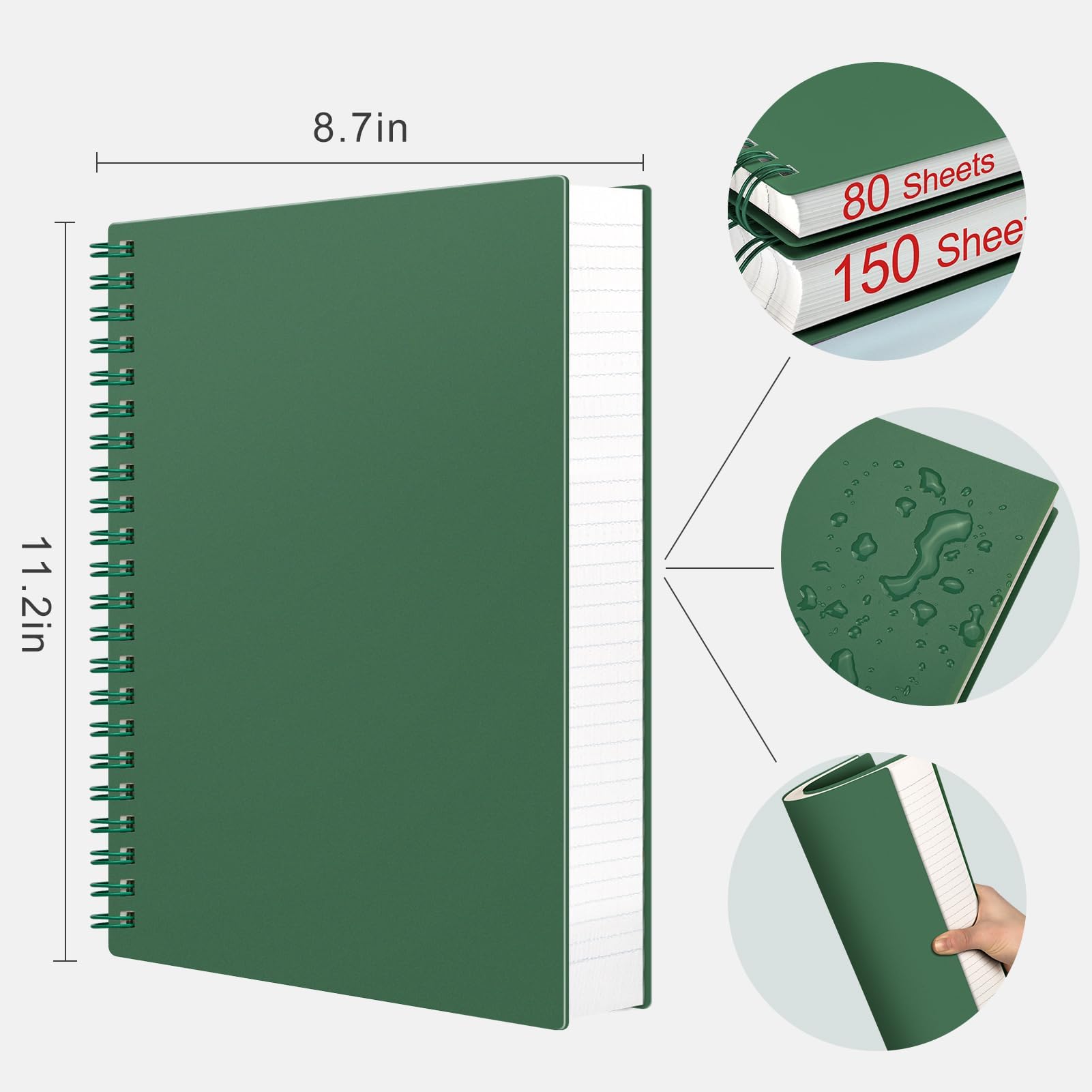 AHGXG Carnet à spirale ligné – Carnet à spirale 21,6 x 27,9 cm Grand format A4, 300 pages lignées, papier épais de 100 g/m², couverture rigide en plastique pour homme et femme, pour bureau, école,