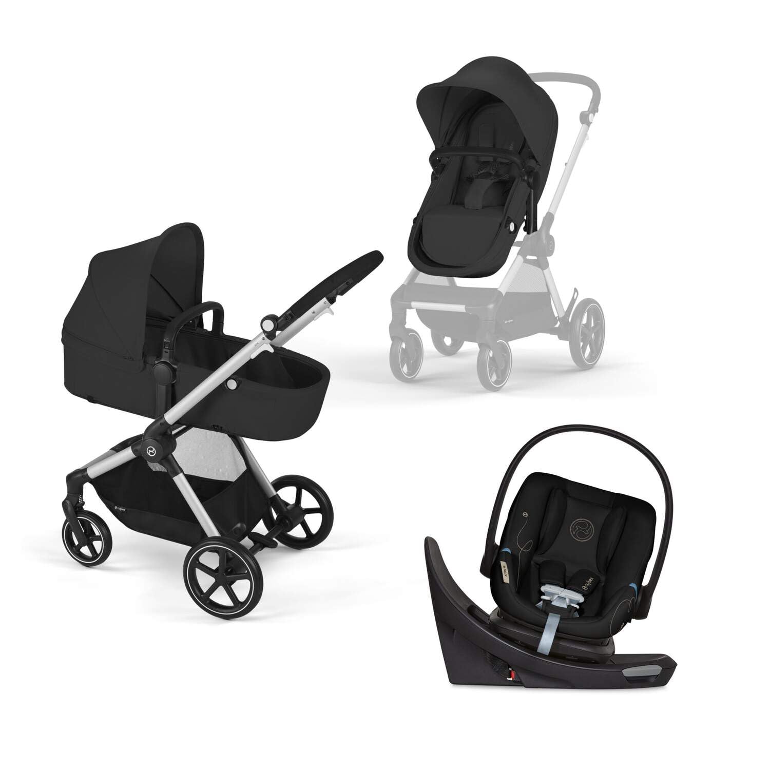 Cybex EOS 5-in-1 Travel System Stroller + Lightweight Aton G Swivel Infant Car Seat, Moon Black, Silver Frame