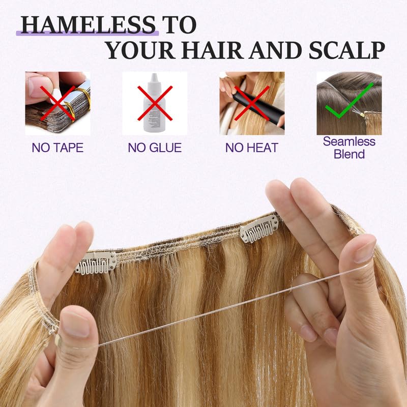 Halo Hair Extensions Real Human Hair,Prokyvity Halo Hair Extension 100% Human Hair,Halo Extensions Real Human Hair,Human Hair Halo Extensions,12P613 Golden Brown Mixed Bleach Blonde 16inch
