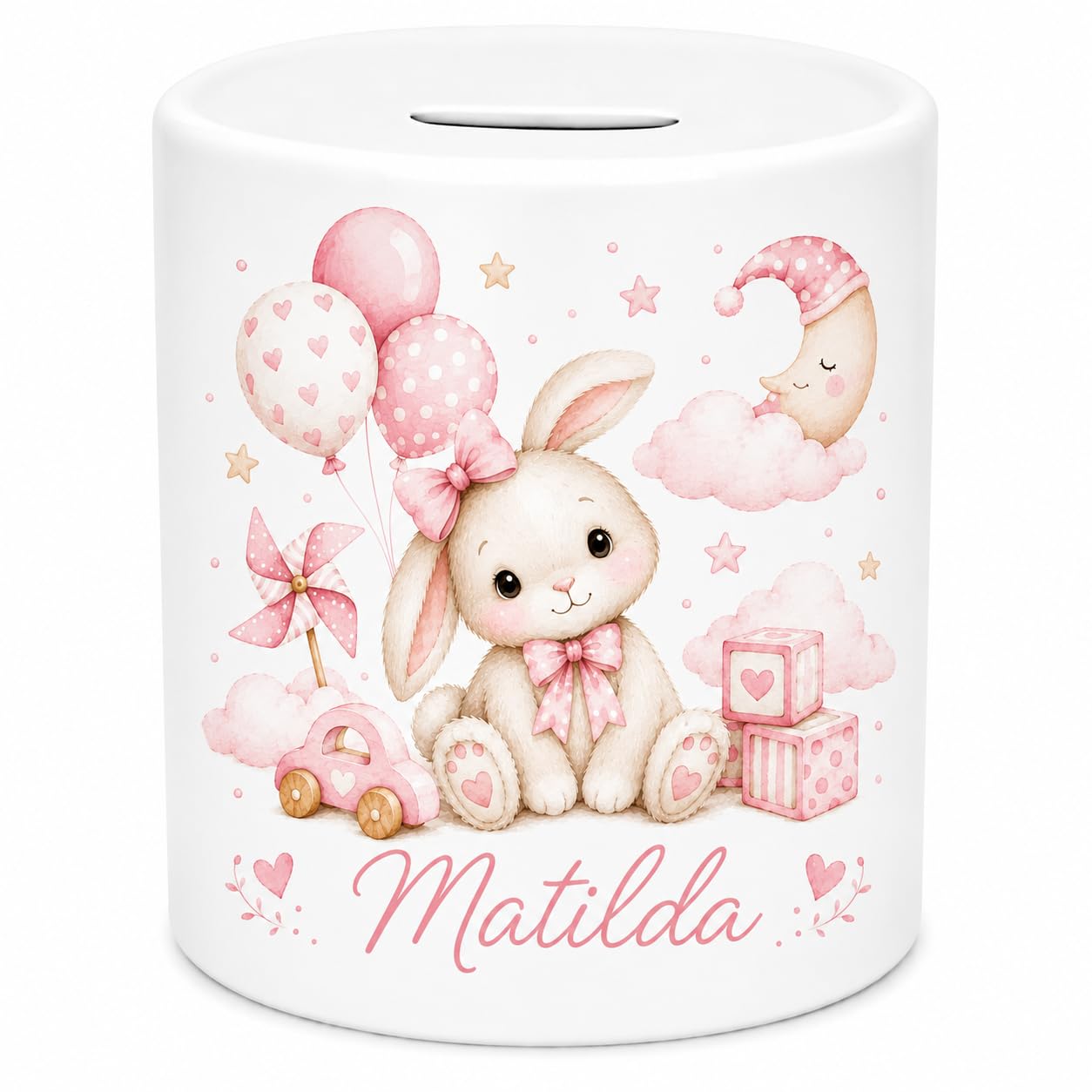 Personalised Bunny Ceramic Money Box – Custom Baby Girl Coin Bank with Any Name – Cute Rabbit Piggy Bank for Girls, Babies & Toddlers – Nursery Savings Pot Keepsake Gift