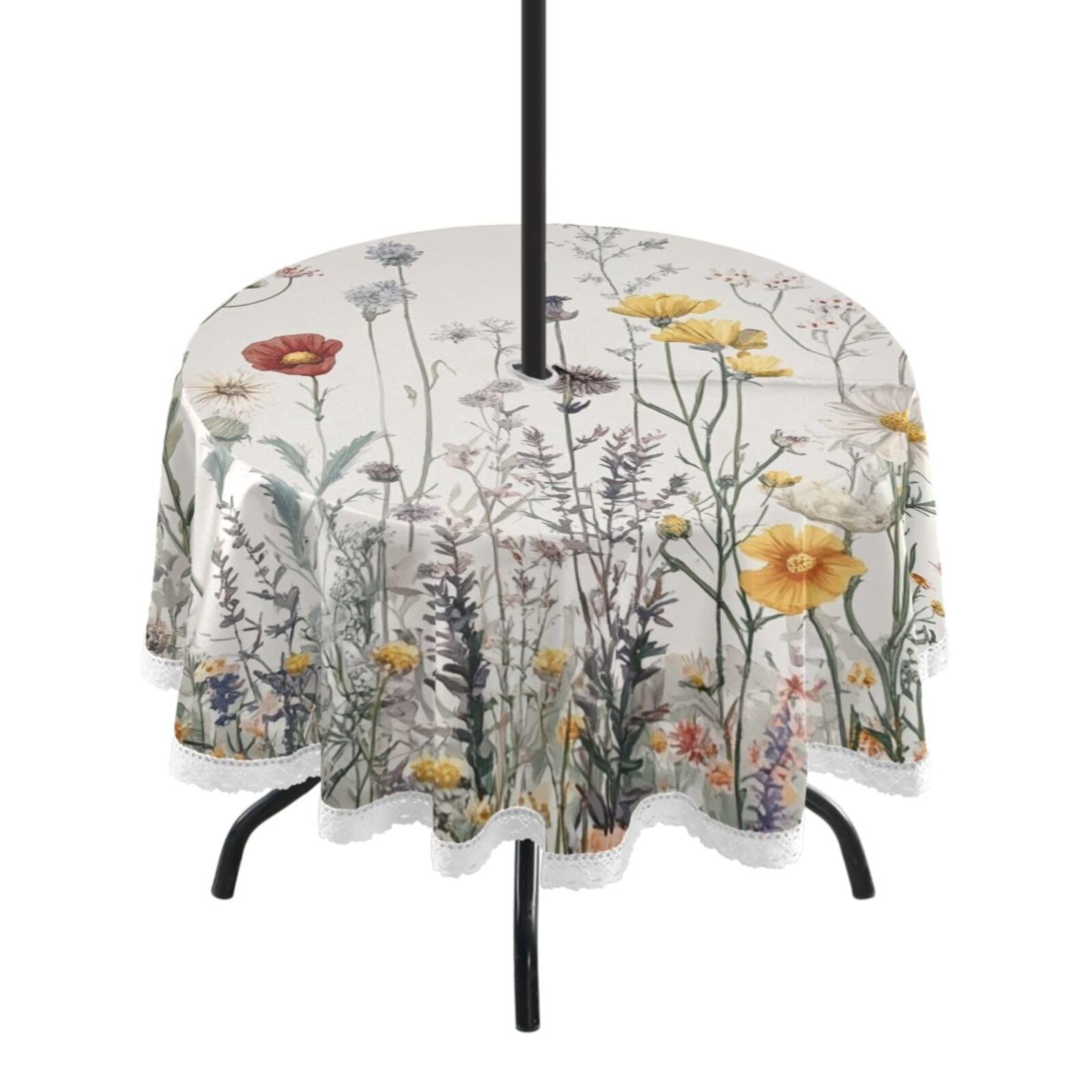 Ttgoth Wildflowers Outdoor Table Cloth 152 cm Water Stain & Resistan Tablecloth Wipeable Table Cover with Parasol Hole & Zipper for Garden Patio Party Picnic
