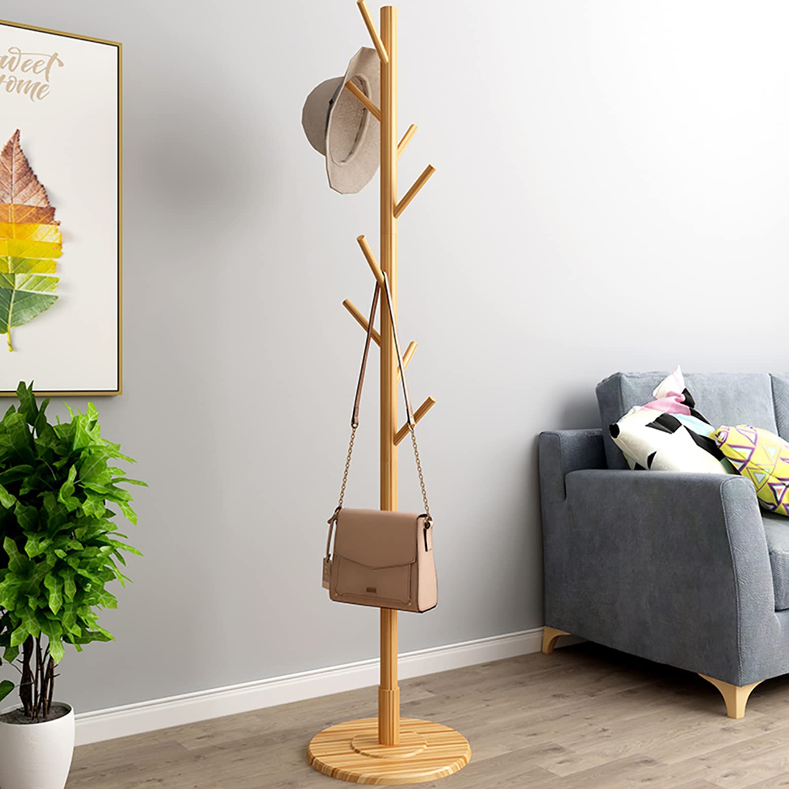 Kleiderständer Freistehender Ständer Holzbaum Stehender Mantel Jacken Kleiderbügel Bodenstehender Garderobenständer Wohnmöbel Kleidung Rundbodenständer Flurmontierter Ecksalon(Natürliche Farbe)
